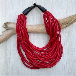 Red Wooden Multi-strand Beaded Necklace